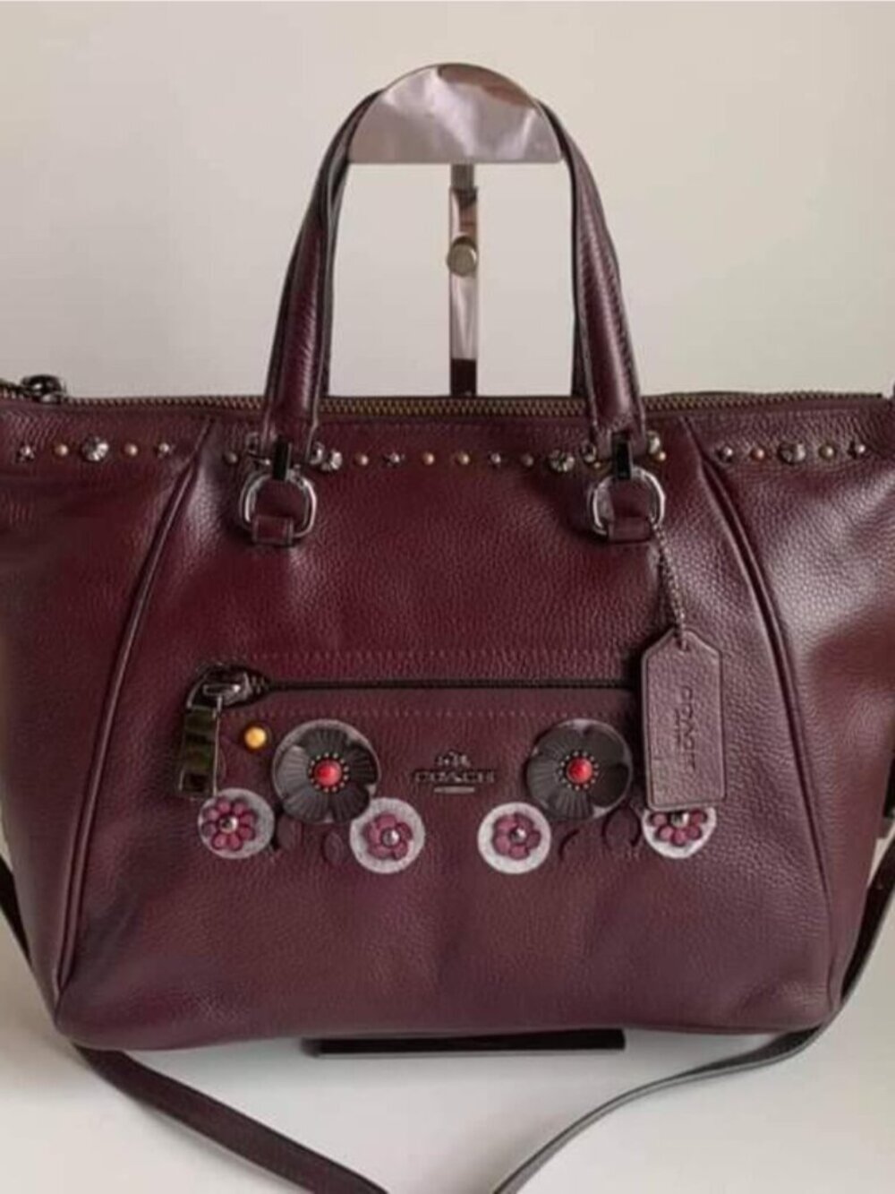 🔥 RARE🔥 Coach Dark Oxblood With Multi-Colored Tea Floral - Satchel Tote Bag - Picture 2 of 16